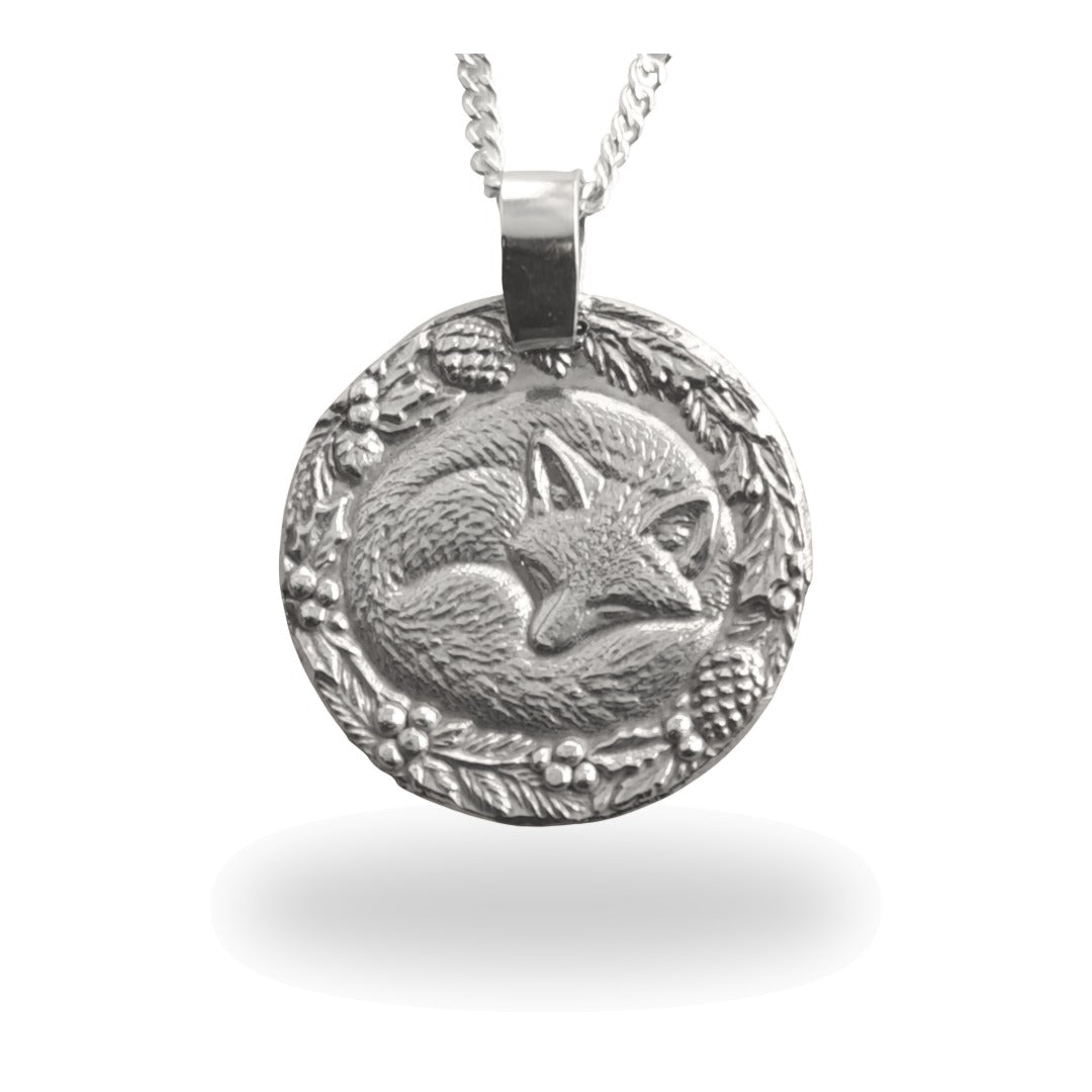 Curled-up sleeping fox engraved coin pendant necklace in recycled sterling silver, Ojewellery Christmas jewellery