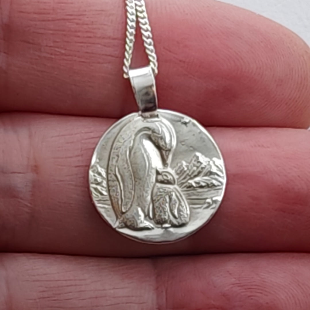 Emperor penguin and chick engraved coin pendant necklace in recycled sterling silver, Ojewellery Christmas jewellery