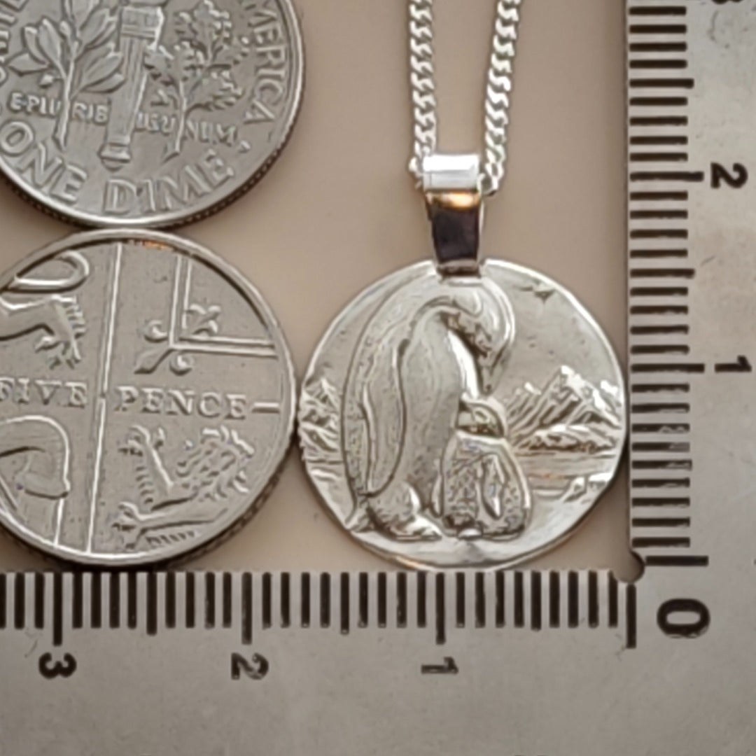 Emperor penguin and chick engraved coin pendant necklace in recycled sterling silver, Ojewellery Christmas jewellery