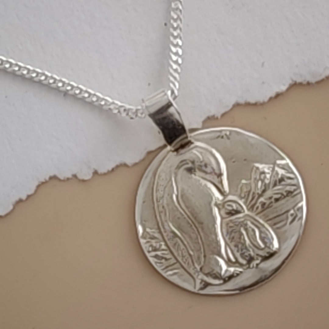 Emperor penguin and chick engraved coin pendant necklace in recycled sterling silver, Ojewellery Christmas jewellery