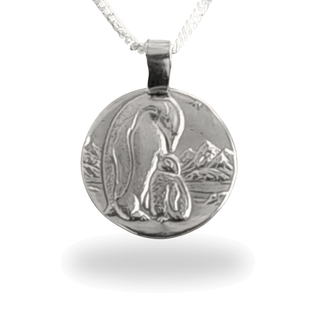 Emperor penguin and chick engraved coin pendant necklace in recycled sterling silver, Ojewellery Christmas jewellery