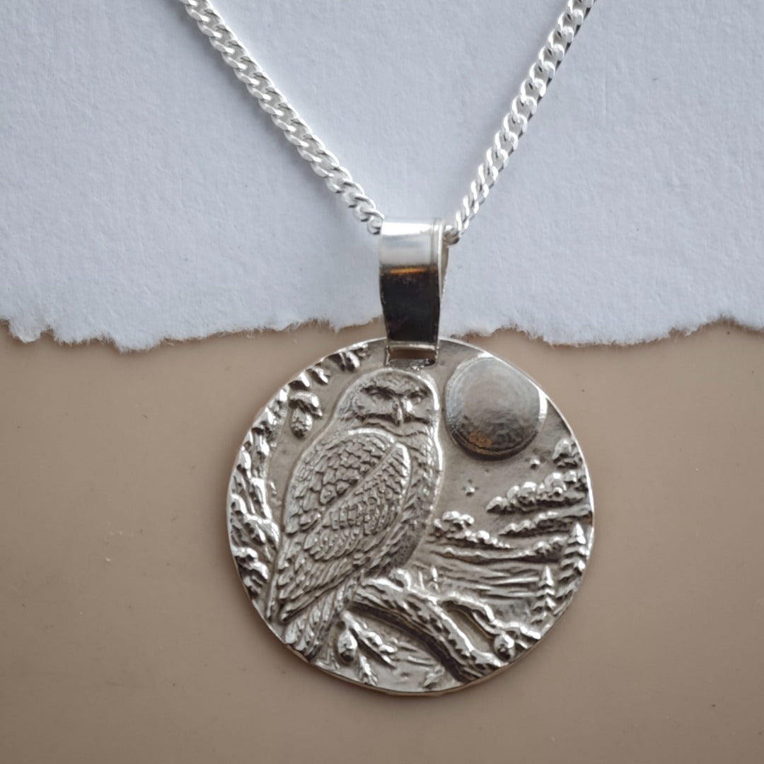 Snowy owl engraved coin pendant necklace in recycled sterling silver, Ojewellery Christmas jewellery