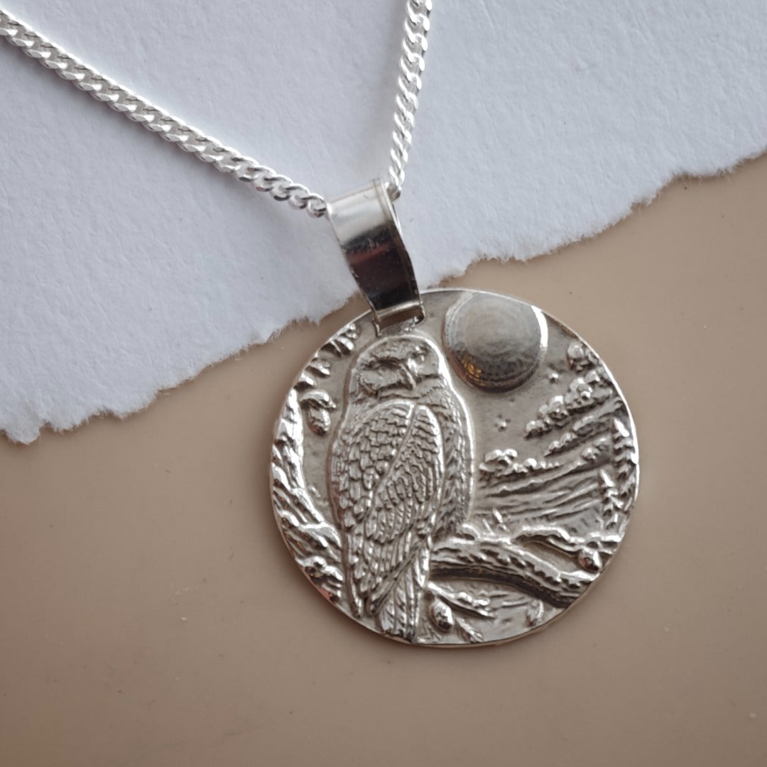 Snowy Owl Coin Necklace – Deep Engraved Recycled Sterling Silver, Christmas Gift