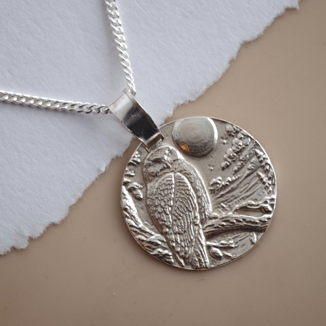 Snowy owl engraved coin pendant necklace in recycled sterling silver, Ojewellery Christmas jewellery