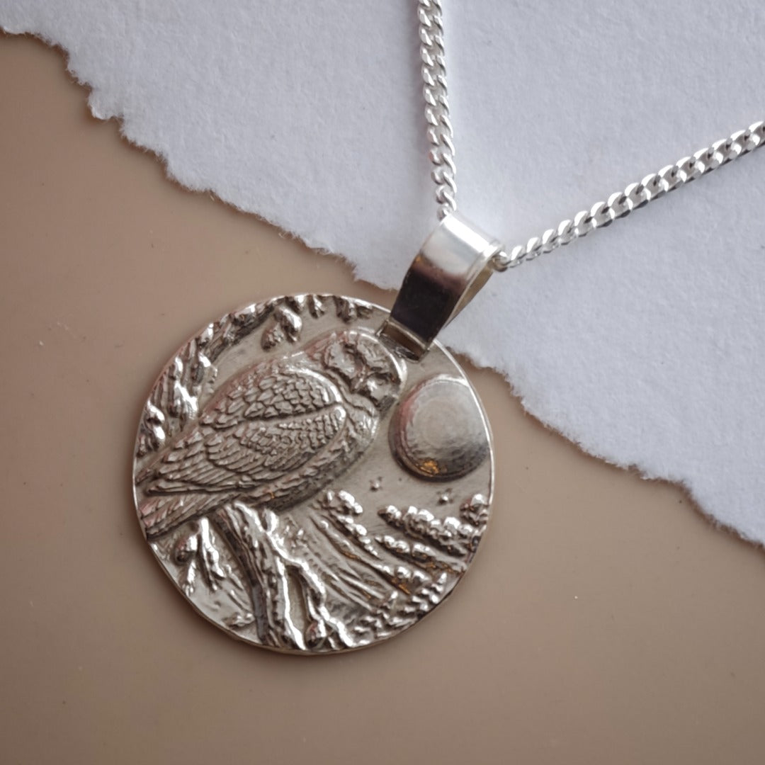 Snowy owl engraved coin pendant necklace in recycled sterling silver, Ojewellery Christmas jewellery