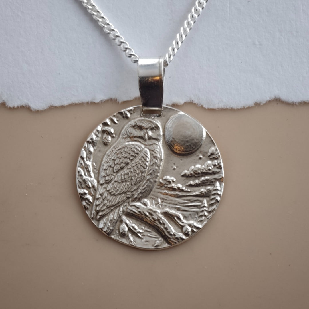 Snowy owl engraved coin pendant necklace in recycled sterling silver, Ojewellery Christmas jewellery