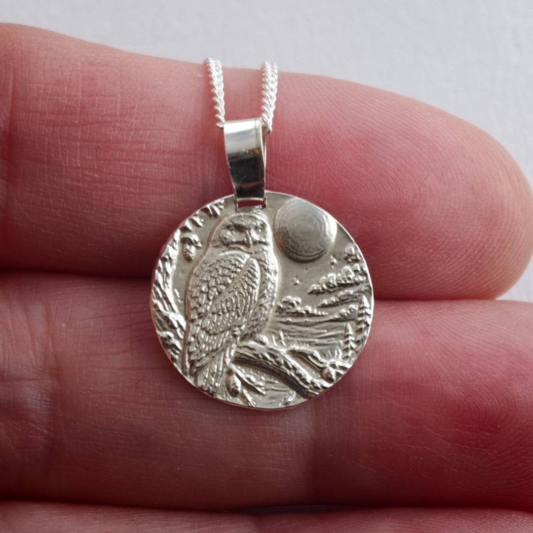 Snowy owl engraved coin pendant necklace in recycled sterling silver, Ojewellery Christmas jewellery