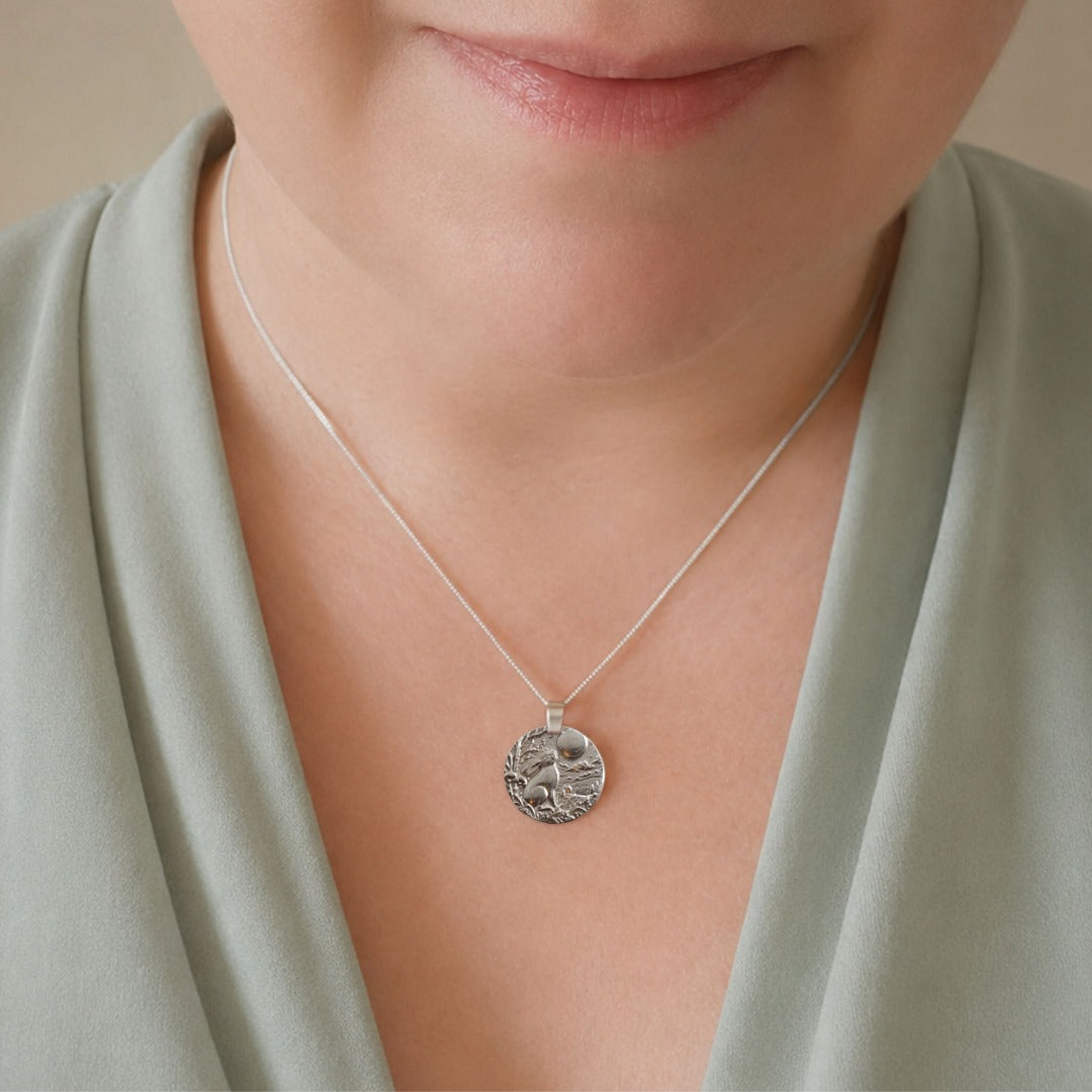 Moongazing hare engraved coin pendant necklace in recycled sterling silver, Ojewellery Christmas jewellery