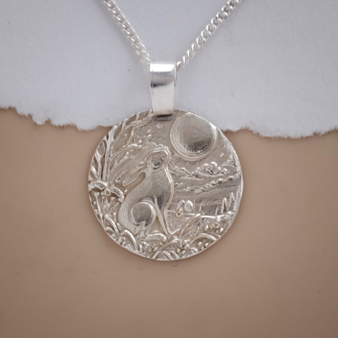Moongazing hare engraved coin pendant necklace in recycled sterling silver, Ojewellery Christmas jewellery