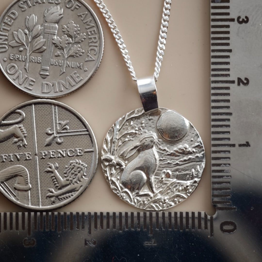 Moongazing hare engraved coin pendant necklace in recycled sterling silver, Ojewellery Christmas jewellery