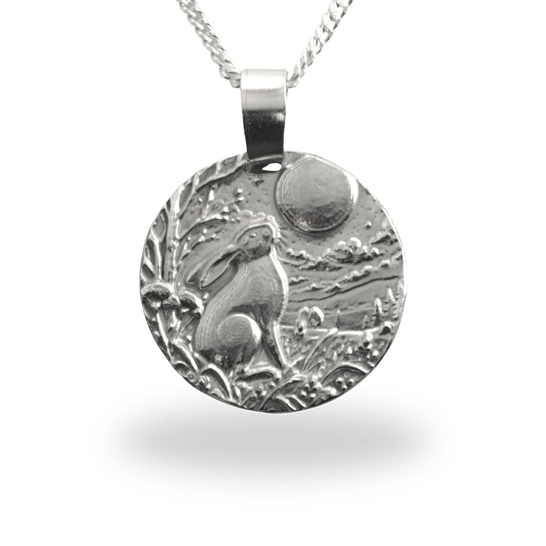 Moongazing hare engraved coin pendant necklace in recycled sterling silver, Ojewellery Christmas jewellery