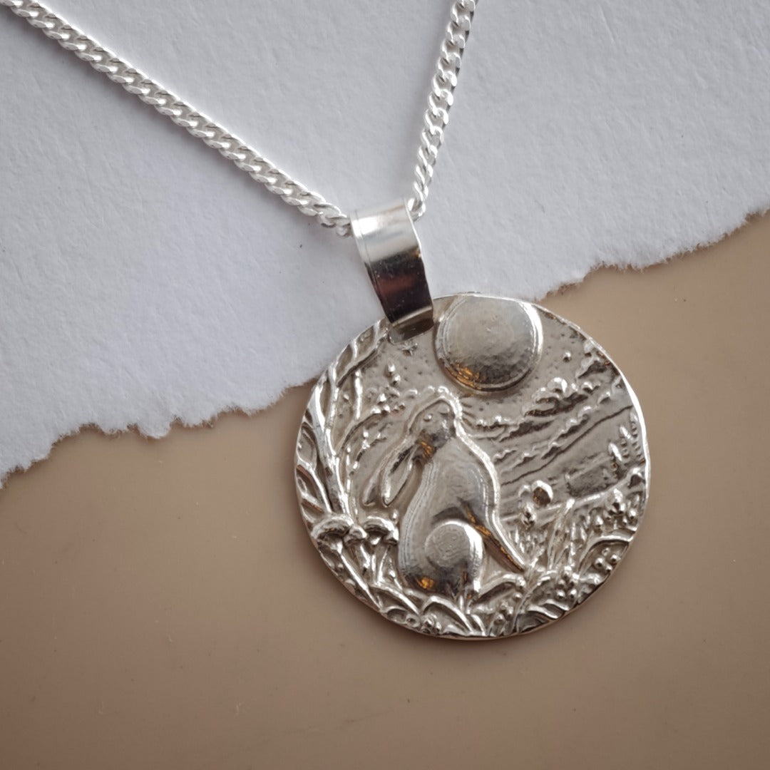 Moongazing hare engraved coin pendant necklace in recycled sterling silver, Ojewellery Christmas jewellery