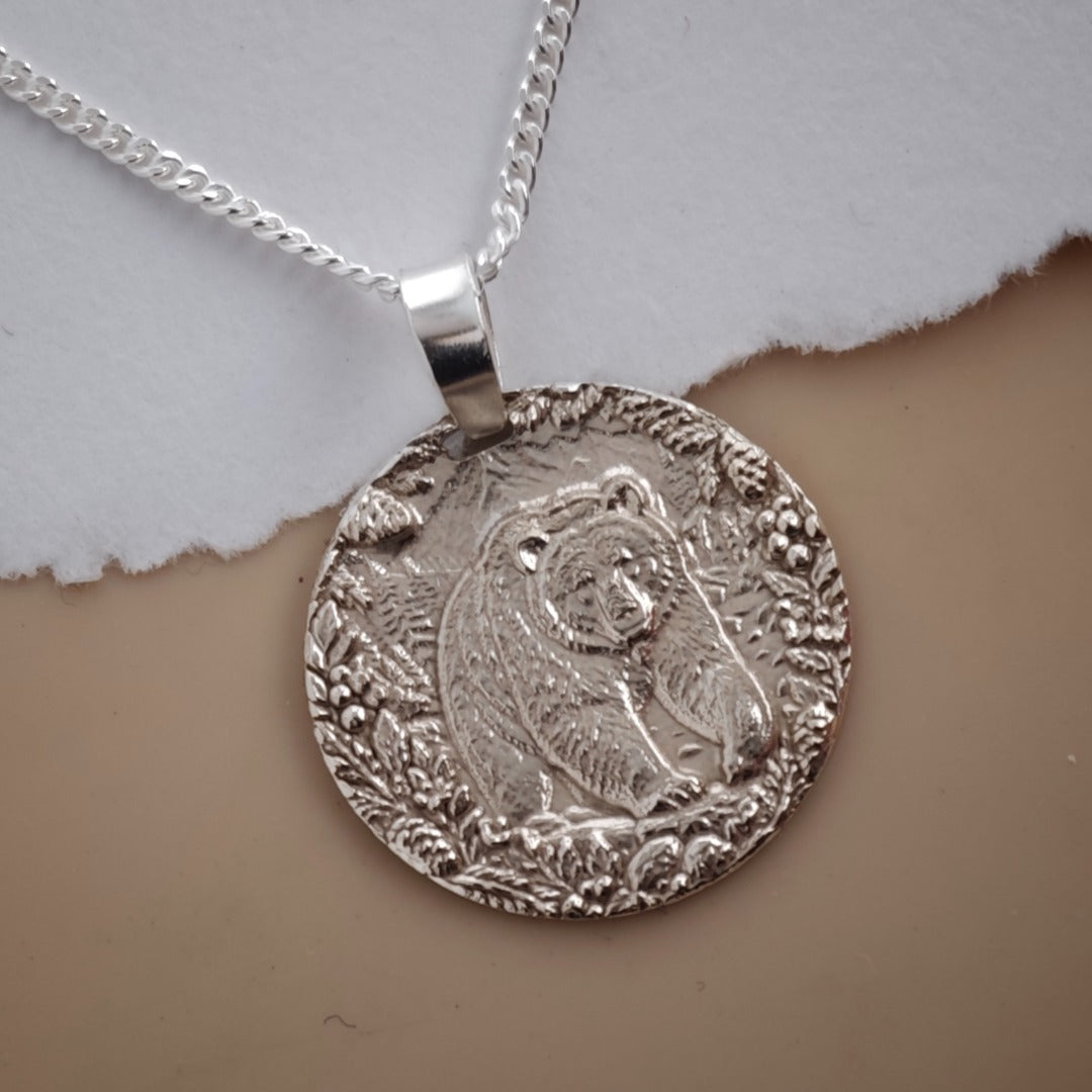 Grizzly Bear Coin Necklace Deep Engraved Recycled Sterling Silver