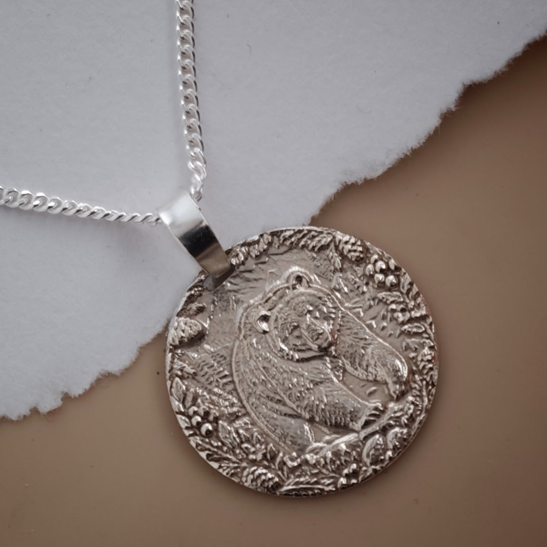 Grizzly Bear Coin Necklace Deep Engraved Recycled Sterling Silver