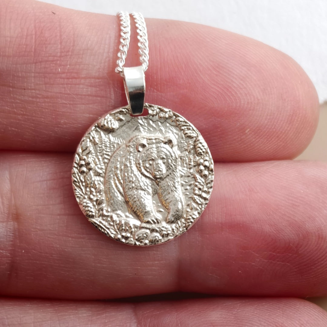 Grizzly Bear Coin Necklace Deep Engraved Recycled Sterling Silver