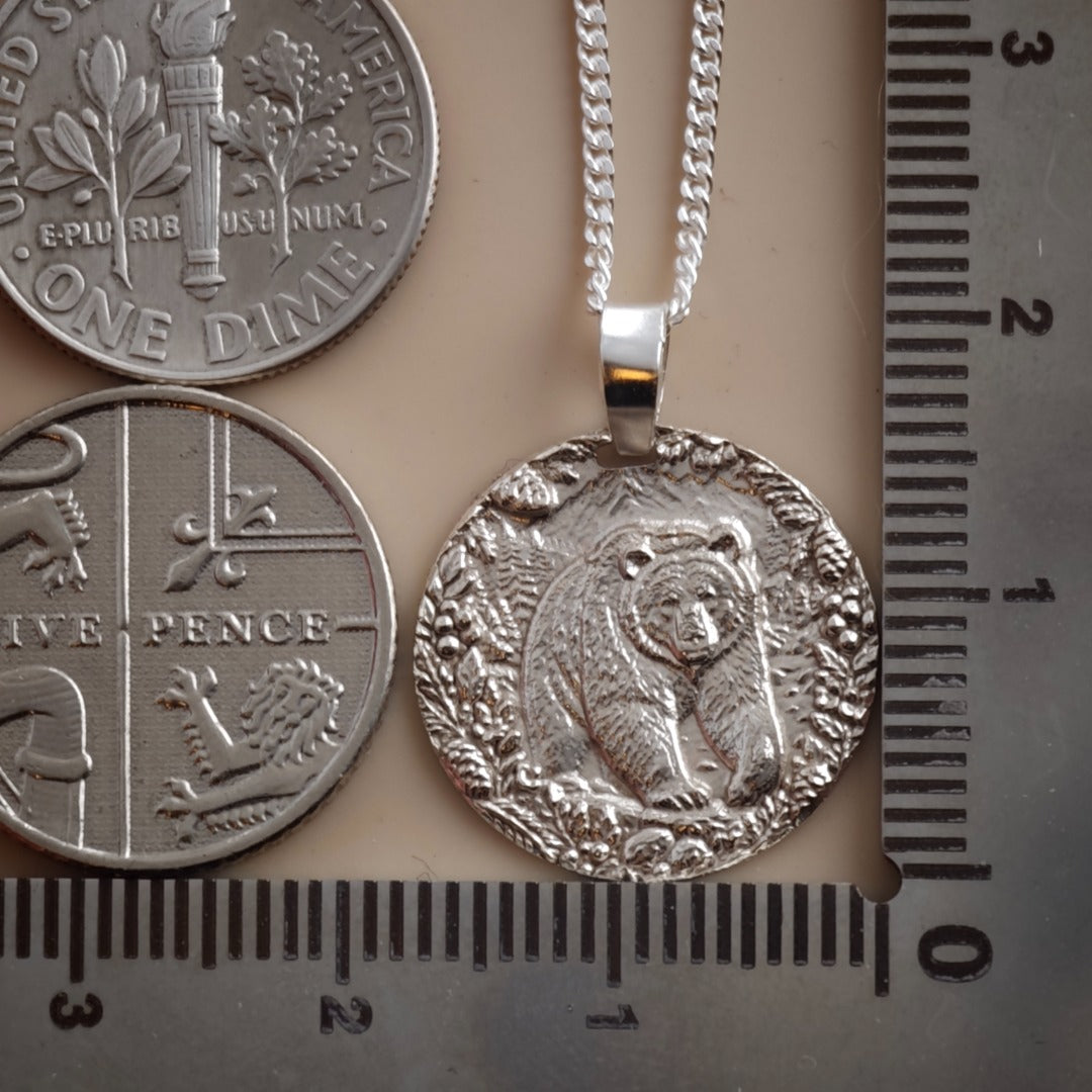 Grizzly Bear Coin Necklace Deep Engraved Recycled Sterling Silver