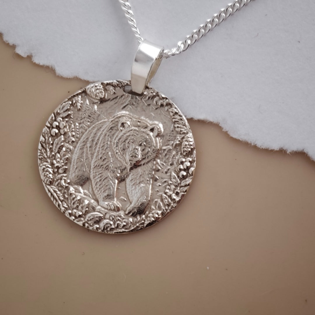Grizzly Bear Coin Necklace Deep Engraved Recycled Sterling Silver