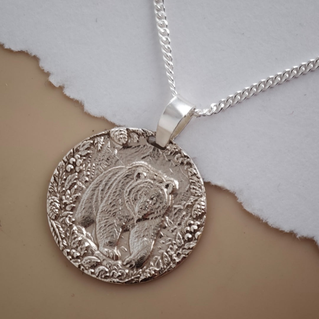Grizzly Bear Coin Necklace Deep Engraved Recycled Sterling Silver