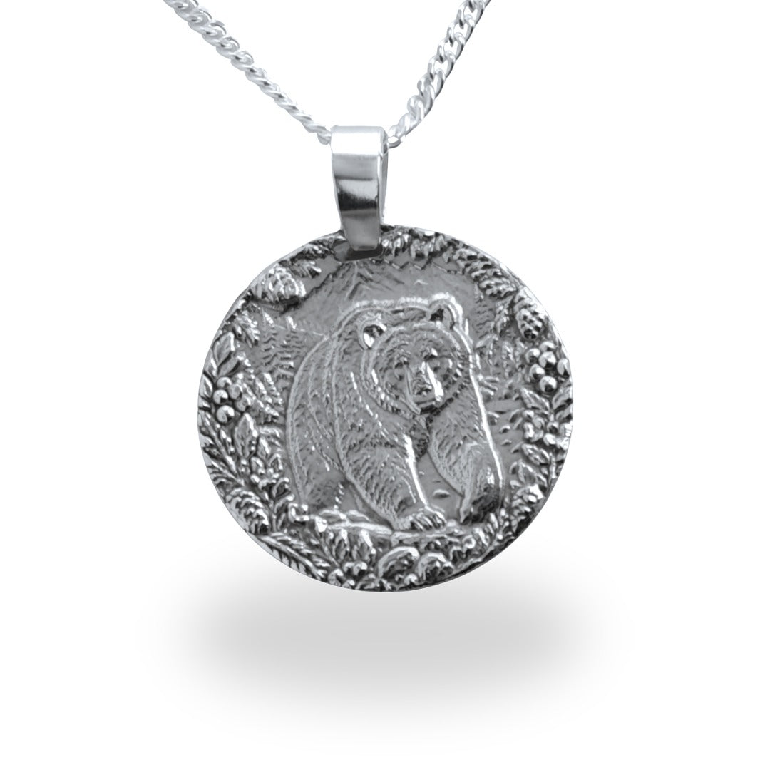 Grizzly Bear Coin Necklace Deep Engraved Recycled Sterling Silver