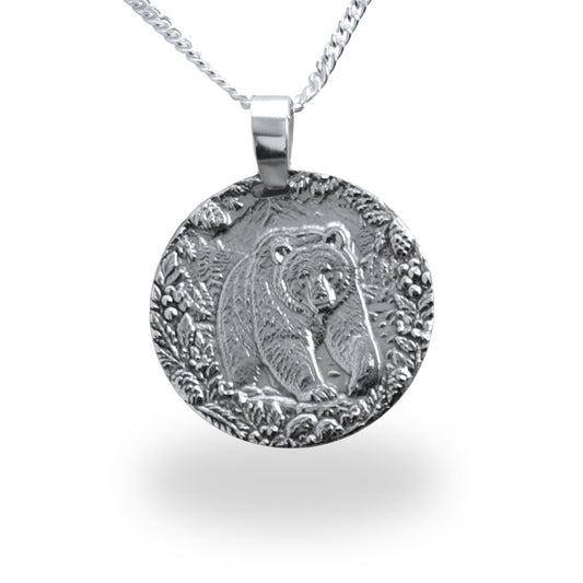 Grizzly Bear Coin Necklace Deep Engraved Recycled Sterling Silver