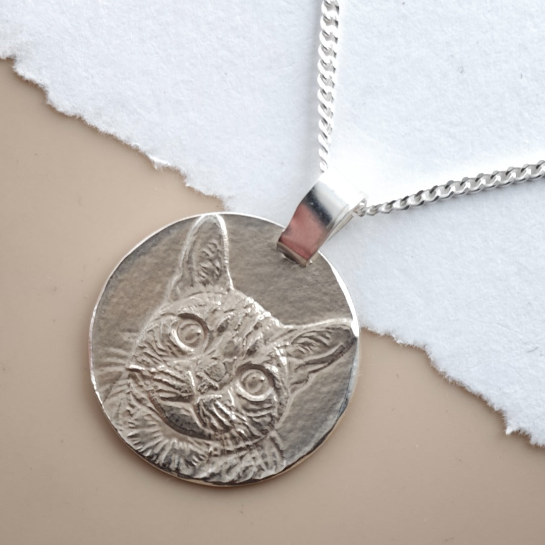 Bengal Cat Coin Necklace in Deep Engraved Recycled Sterling Silver
