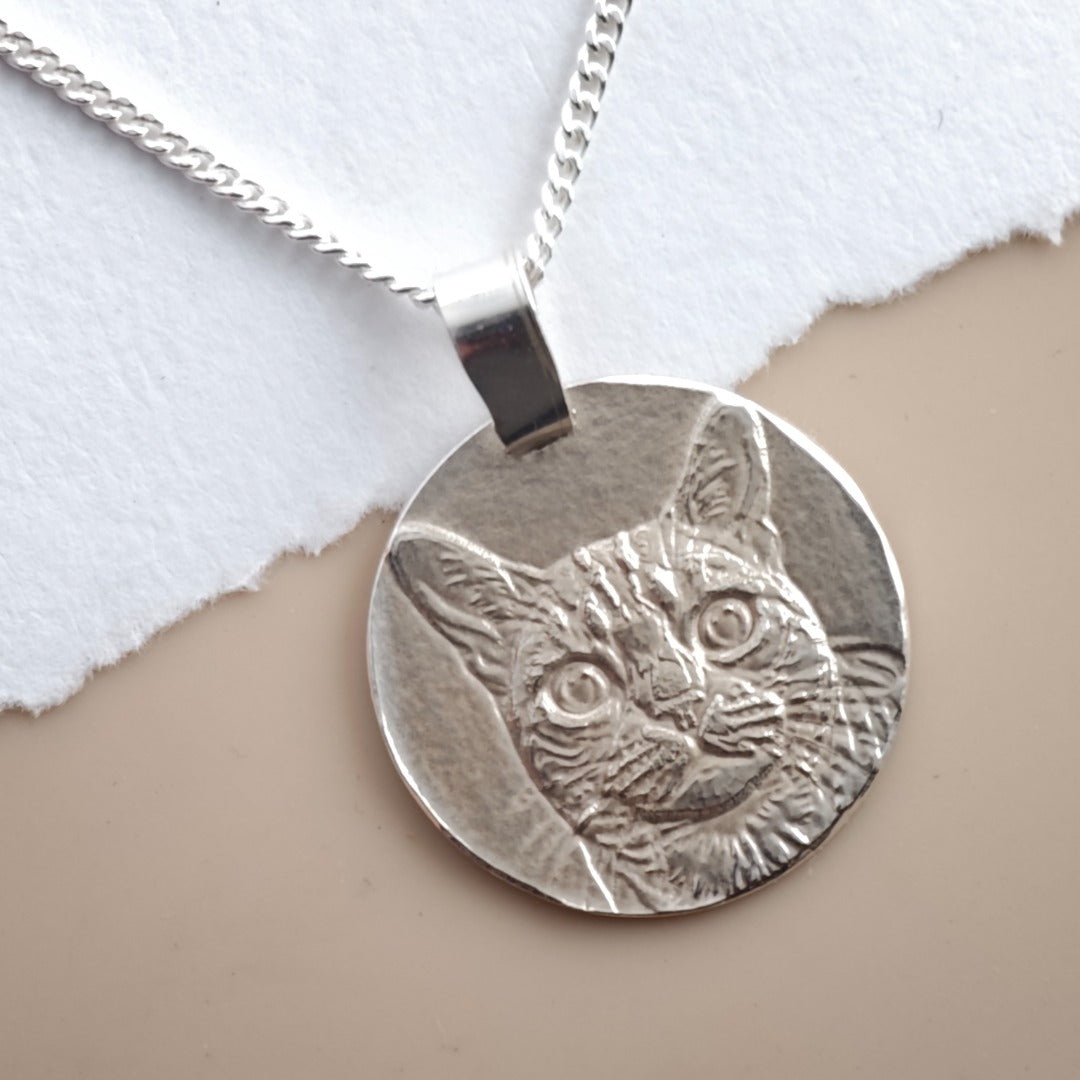 Bengal Cat Coin Necklace in Deep Engraved Recycled Sterling Silver
