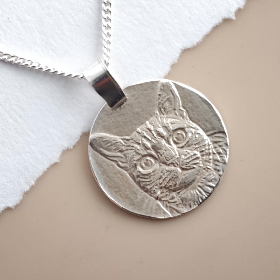 Bengal Cat Coin Necklace in Deep Engraved Recycled Sterling Silver
