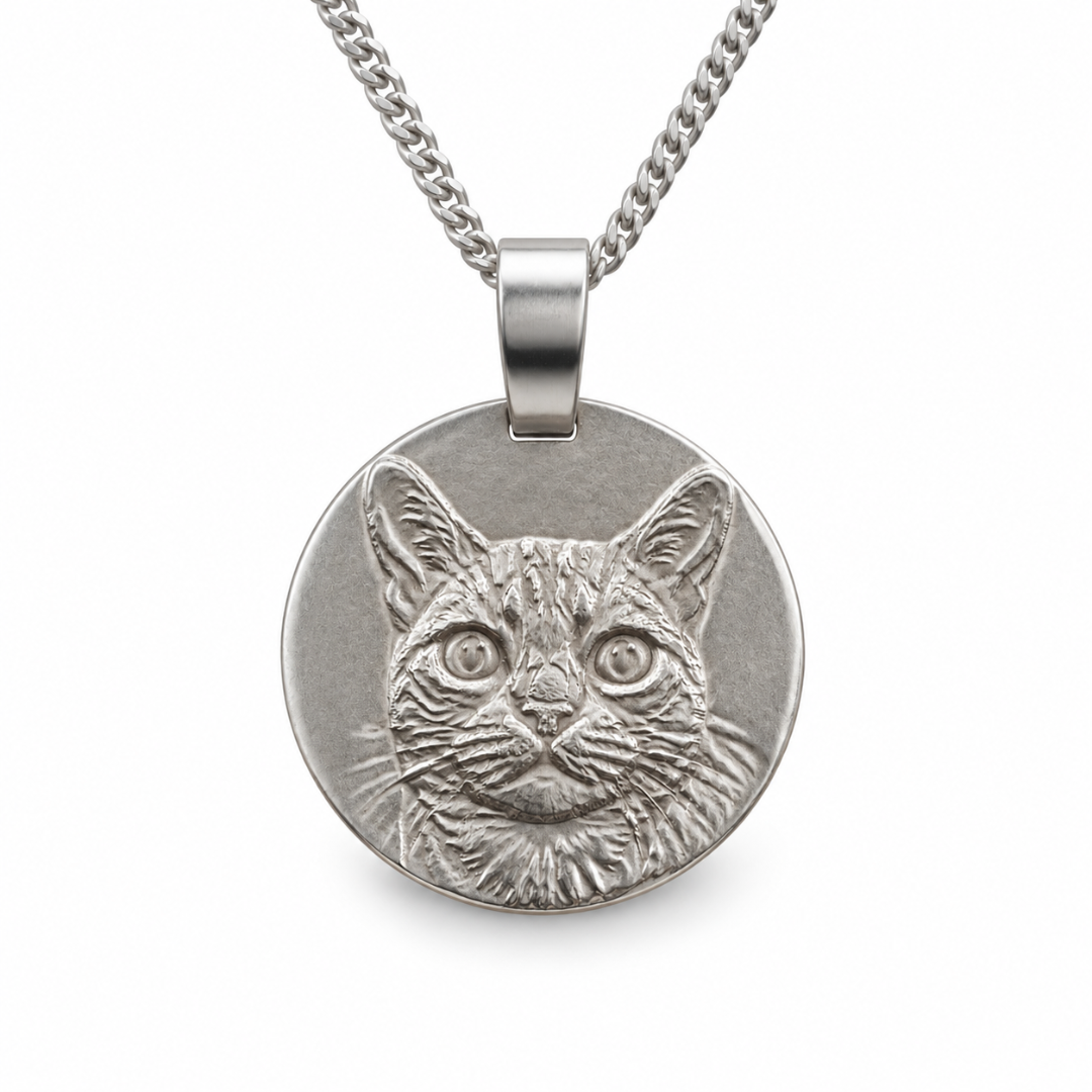 Bengal Cat Coin Necklace in Deep Engraved Recycled Sterling Silver