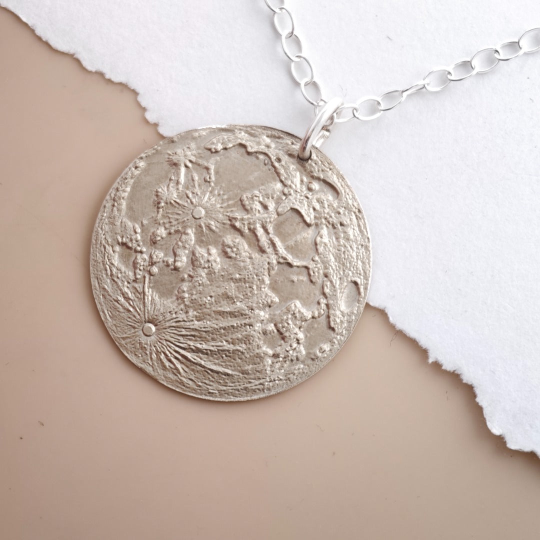 Moon Map Necklace Large 30mm Deep Engraved Recycled Sterling Silver Pendant