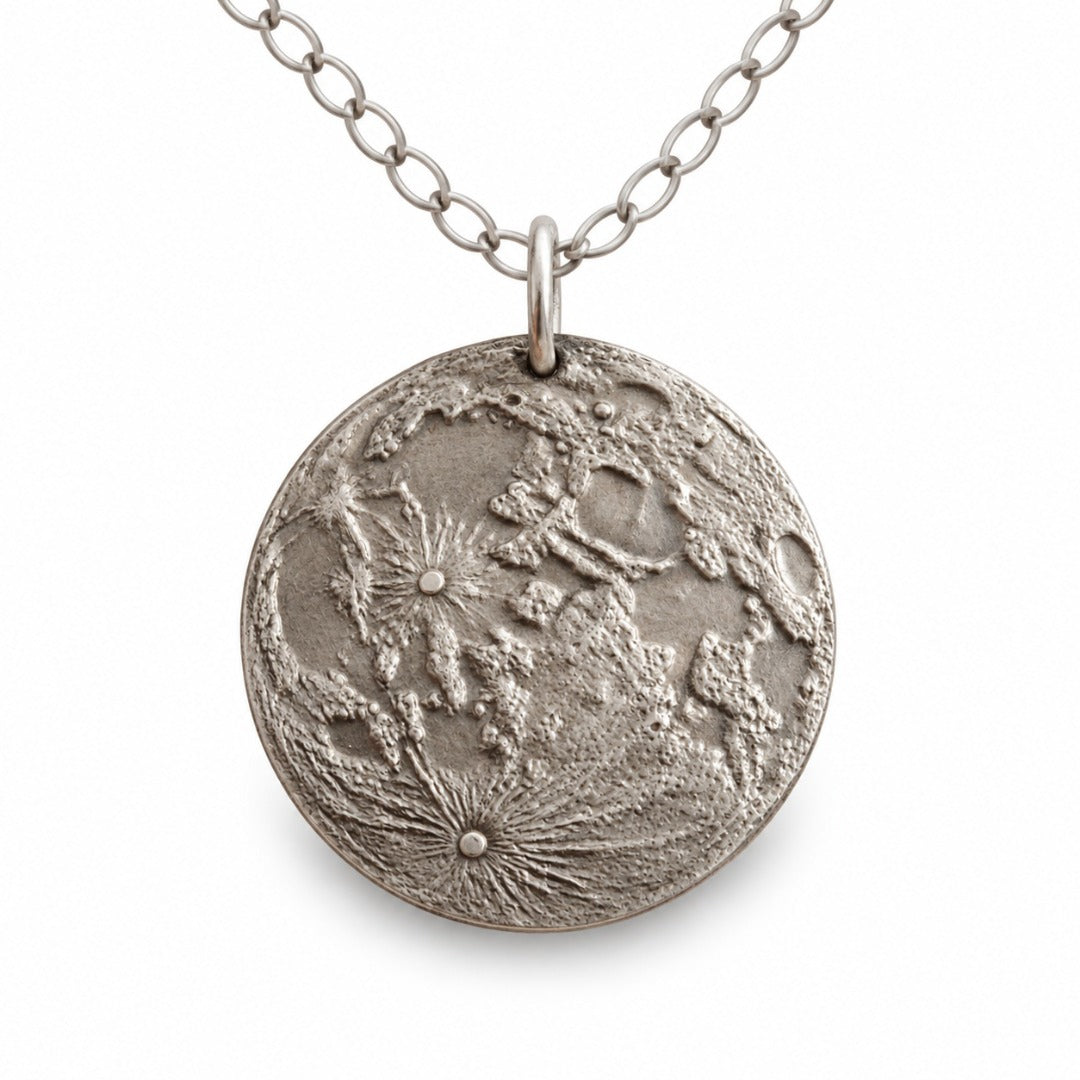 Large 30mm recycled sterling silver moon pendant deep engraved with a Hevelius style moon map, on a 24 inch oval trace chain