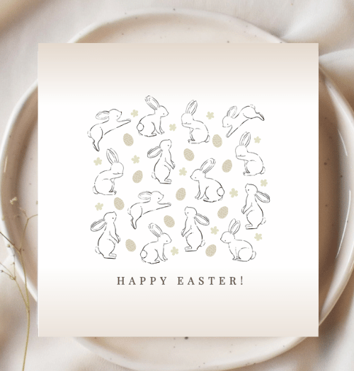 Easter card with bunny illustrations and 'Happy Easter!' text on a white plate.