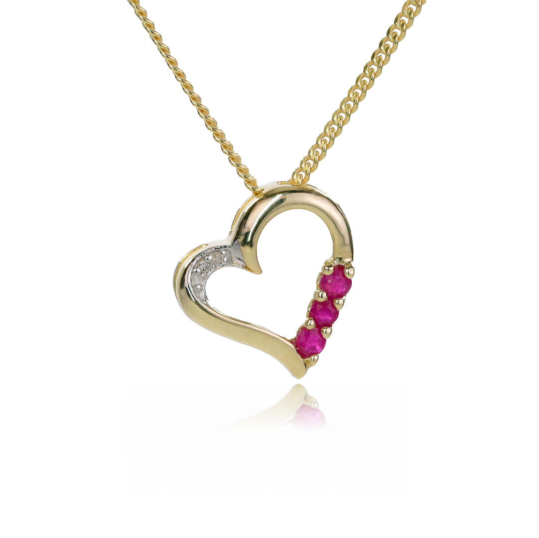 9ct gold necklace diamond ruby heart july birthstone designed in the UK