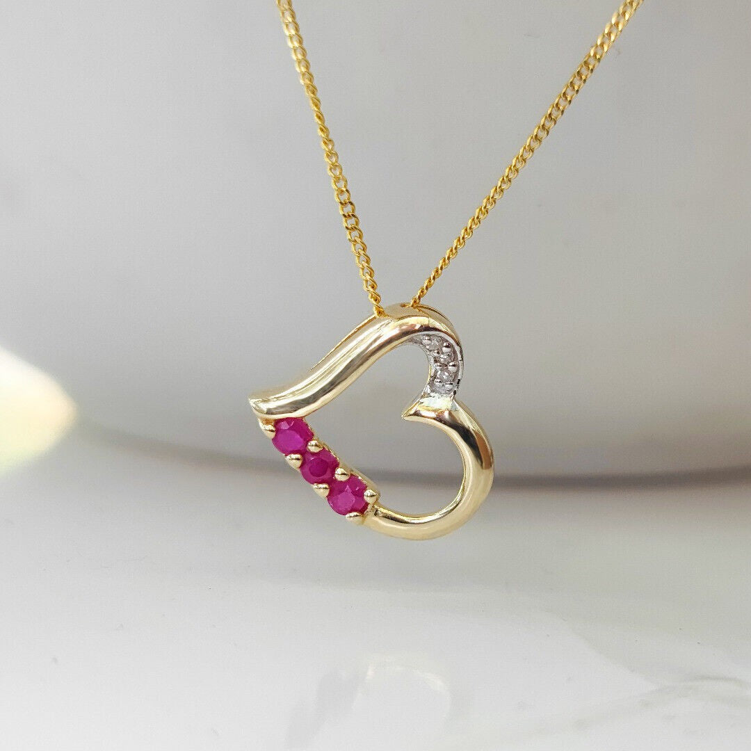 Ruby Diamond Heart Necklace in 9ct Gold