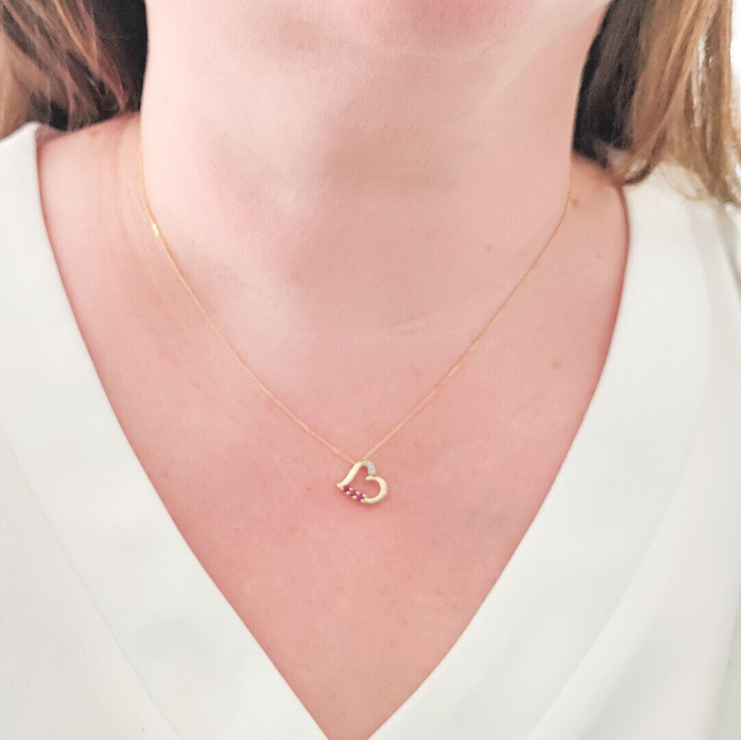 Ruby Diamond Heart Necklace in 9ct Gold