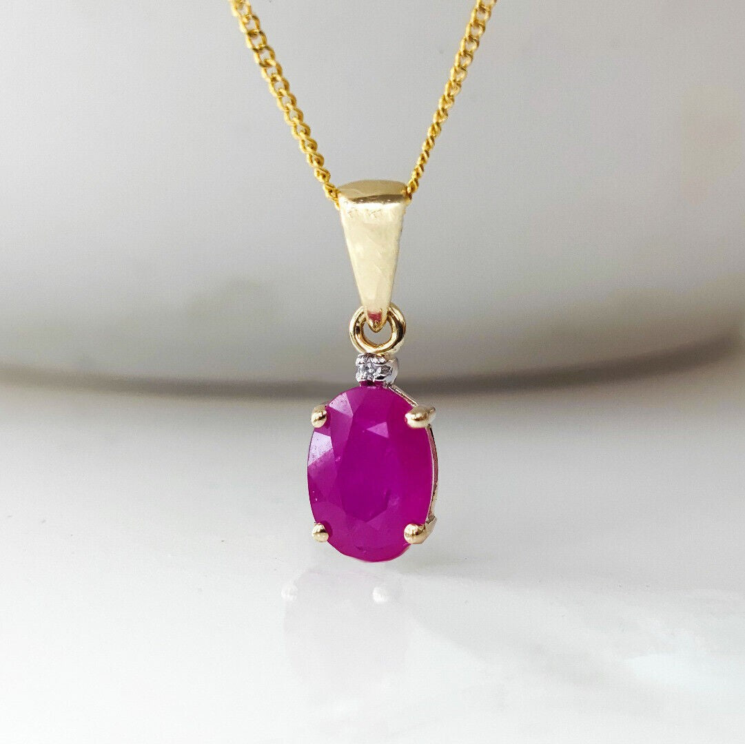 Ruby Diamond Oval Necklace in 9ct Gold