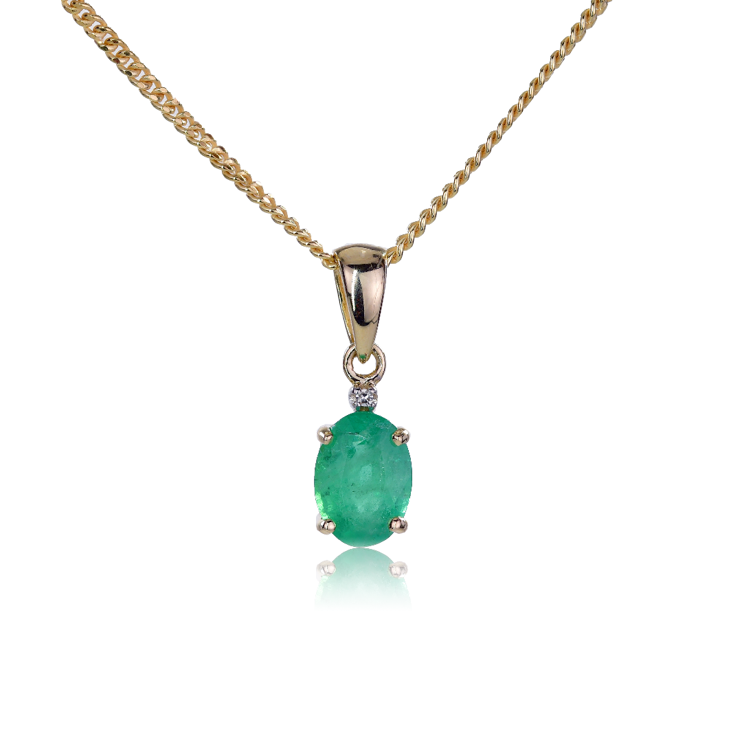 9ct Gold Necklace Diamond Emerald Oval 0.75ct 7x5 May Birthstone