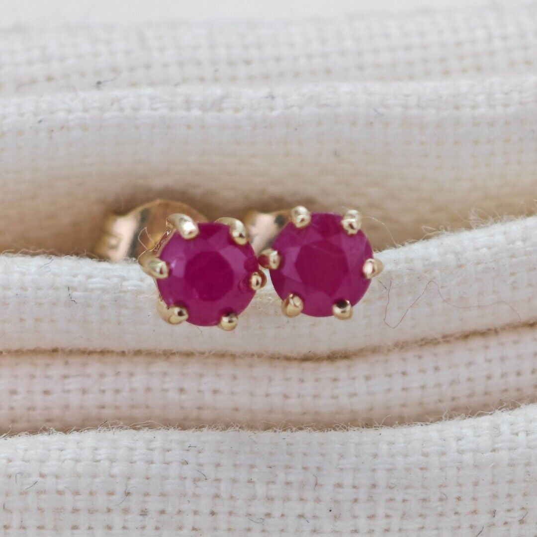 9ct Gold Ruby Earrings Red 0.68ct Studs 4mm Round July Birthstone