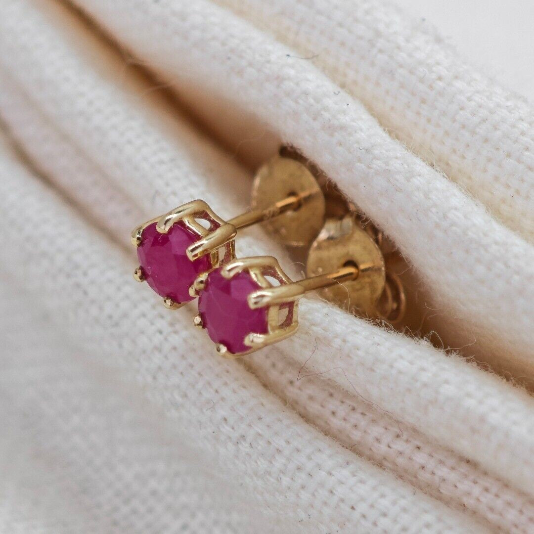 9ct Gold Ruby Earrings Red 0.68ct Studs 4mm Round July Birthstone