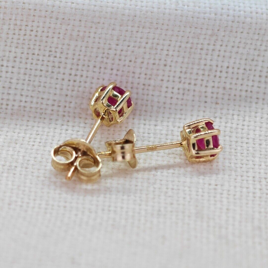 9ct Gold Ruby Earrings Red 0.68ct Studs 4mm Round July Birthstone