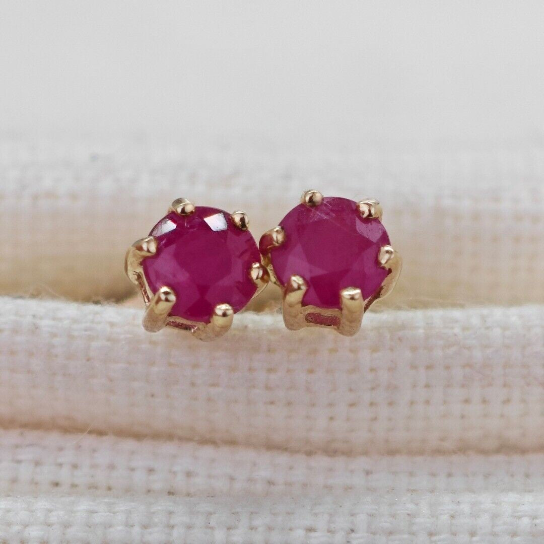 9ct Gold Ruby Earrings Red 0.68ct Studs 4mm Round July Birthstone