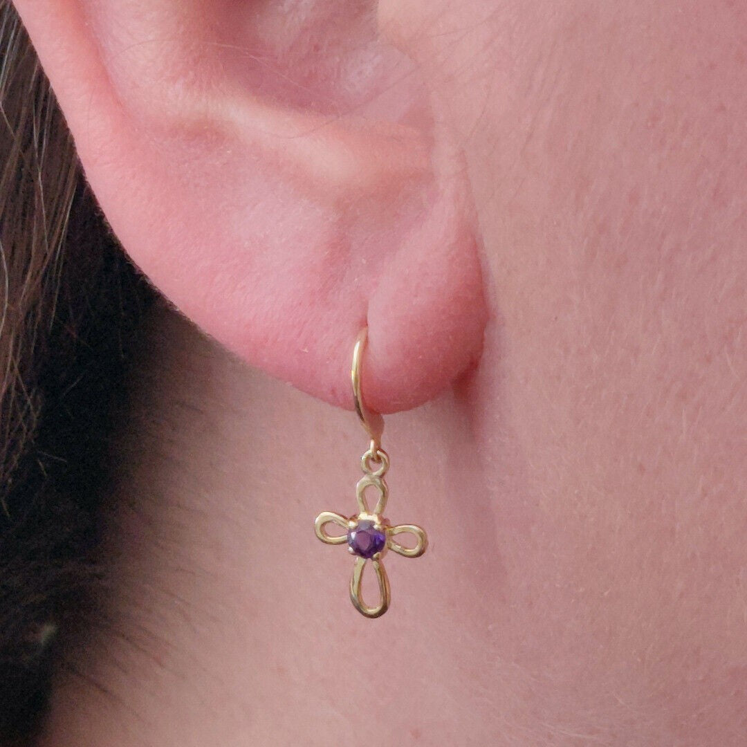 9ct Gold Cross Dangle Amethyst Earrings