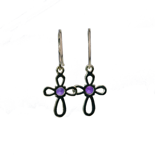 9ct Gold Cross Dangle Amethyst Earrings
