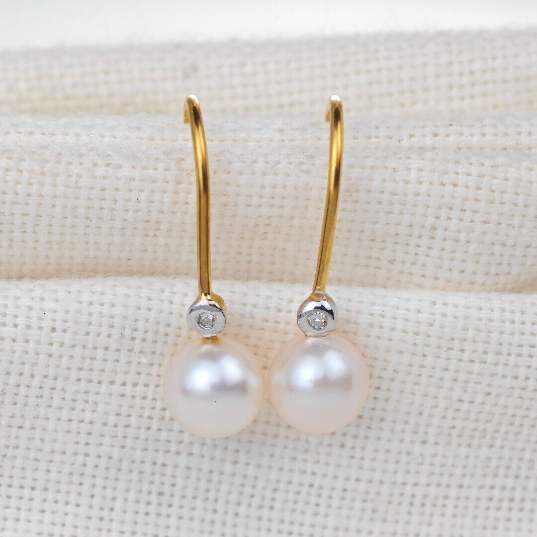 9ct Gold Earrings Diamond Dangle Pearl White Hook Womens