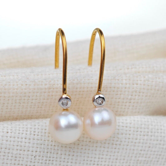 9ct Gold Earrings Diamond Dangle Pearl White Hook Womens