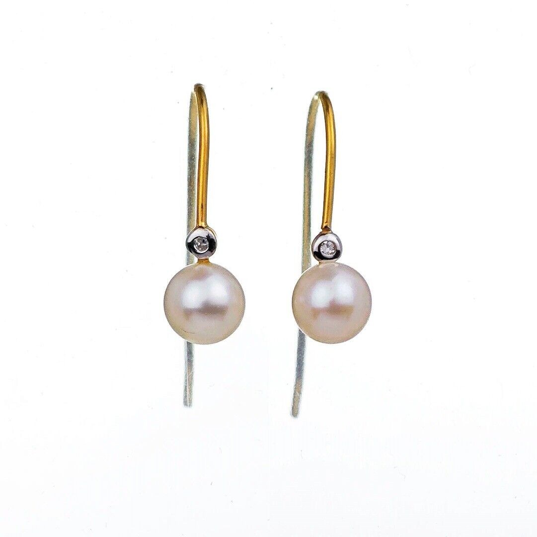 9ct Gold Earrings Diamond Dangle Pearl White Hook Womens