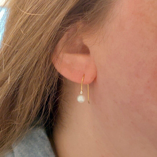 9ct Gold Earrings Diamond Dangle Pearl White Hook Womens