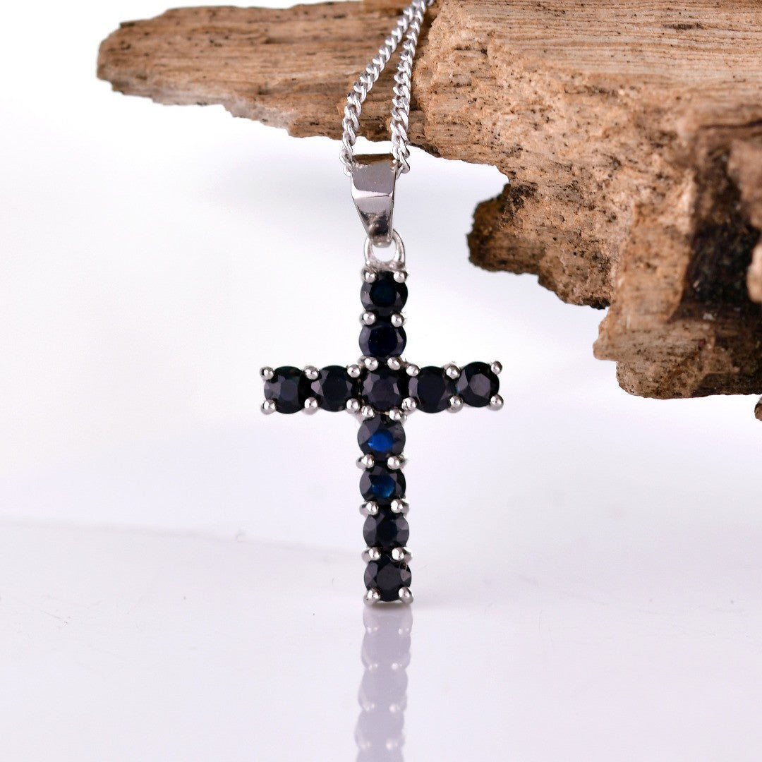 Sapphire Cross Necklace in Sterling Silver