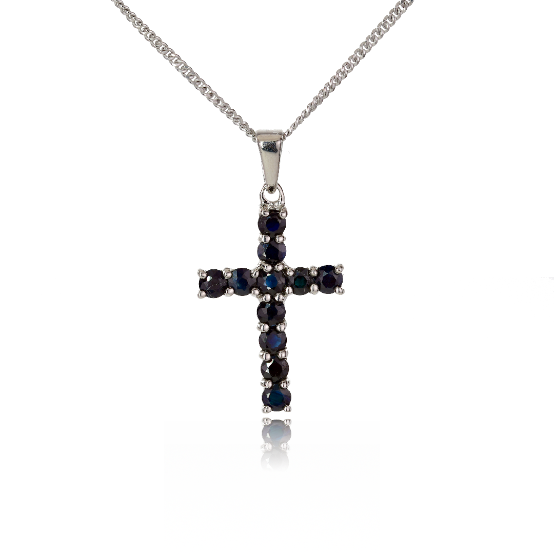 sapphire ink blue cross necklace 1.65ct designed in the UK