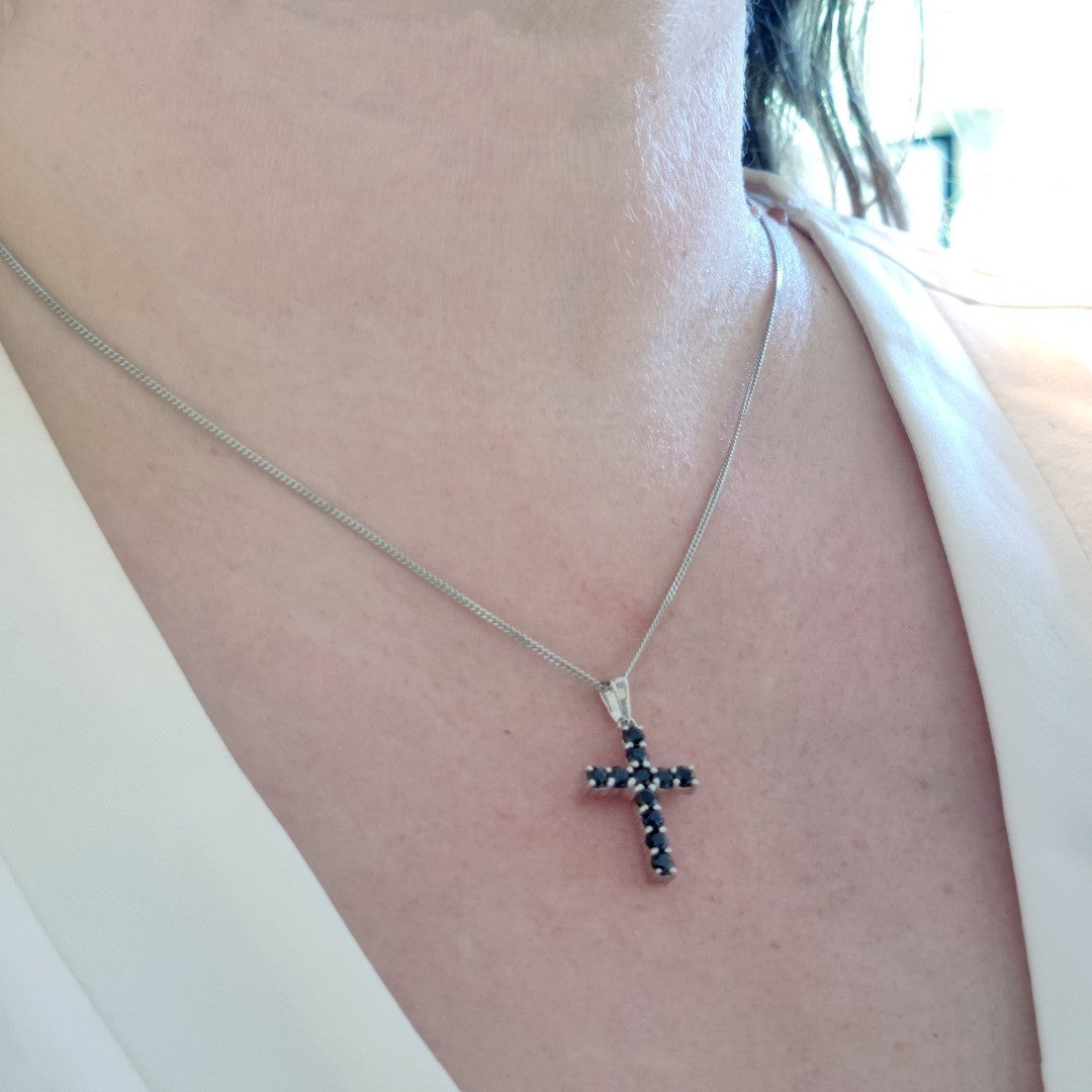 Sapphire Cross Necklace in Sterling Silver