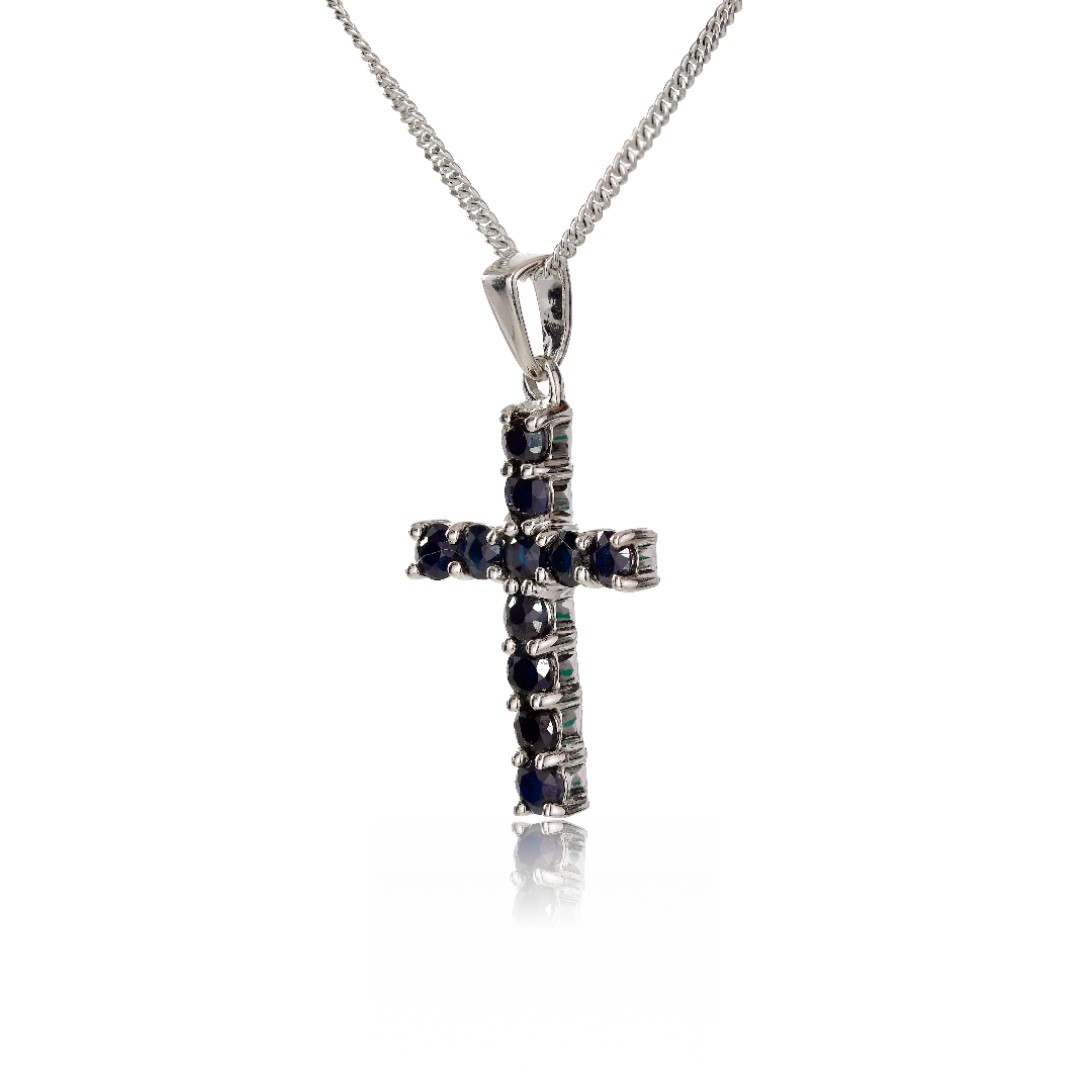 Sapphire Cross Necklace in Sterling Silver